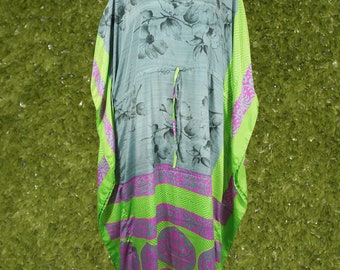 Boho Beach Kaftan, Gray, Green Floral Caftan, Silk Kaftan, Housedress, Beach Coverup, Summer Boho Caftan, Resort, Cruise Caftan L-2X