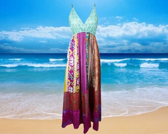 Womens Beach Maxidress, Boho Desi Dresses, Upcycle Silk Maxi Dress, Blue Purple Bohemian Strapdress, Fall Fashion Handmade Dresses ML