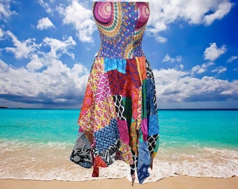 Womens Hippie Boho Dress, Colorful Hi low Skirt, Patchwork Hippie Dress, Organic Texture, Cotton Beach Tube Dresses S/M