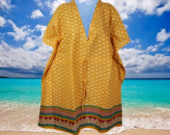 Womens Short Kaftan, Caftan Dress, Orange Blue Printed Beach Kaftan, Summer Cotton Resort Wear, Cover Up, Lounger, S/ M