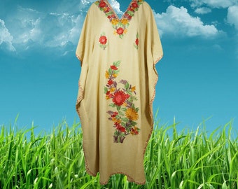 Womens Caftan Dress, Handmade Beige Floral Embroidered Kimono Dress, Cover Up Abaya Loose Stylish Maxi Kaftan Dresses One size ,L-2XL