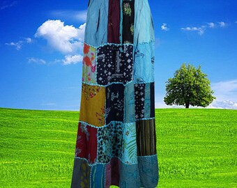 Womens Maxi Skirt, Blue Summer Skirt, Gujarati Patchwork Handmade Vintage Boho Chic Long Skirts S/M/L