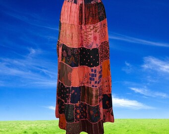 Vintage PATCHWORK Maxi Skirt, Red Black 70s 80s Women Hippie Boho Long Floral Rayon Drawstring Skirts S/M/L