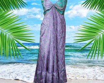 Womens Summer Maxi Dress, Halter Dresses, Lavender Summer Flare Swing Boho Beach Maxi Dress, Strap Dress, Recycle Sari Handmade Dresses S/M
