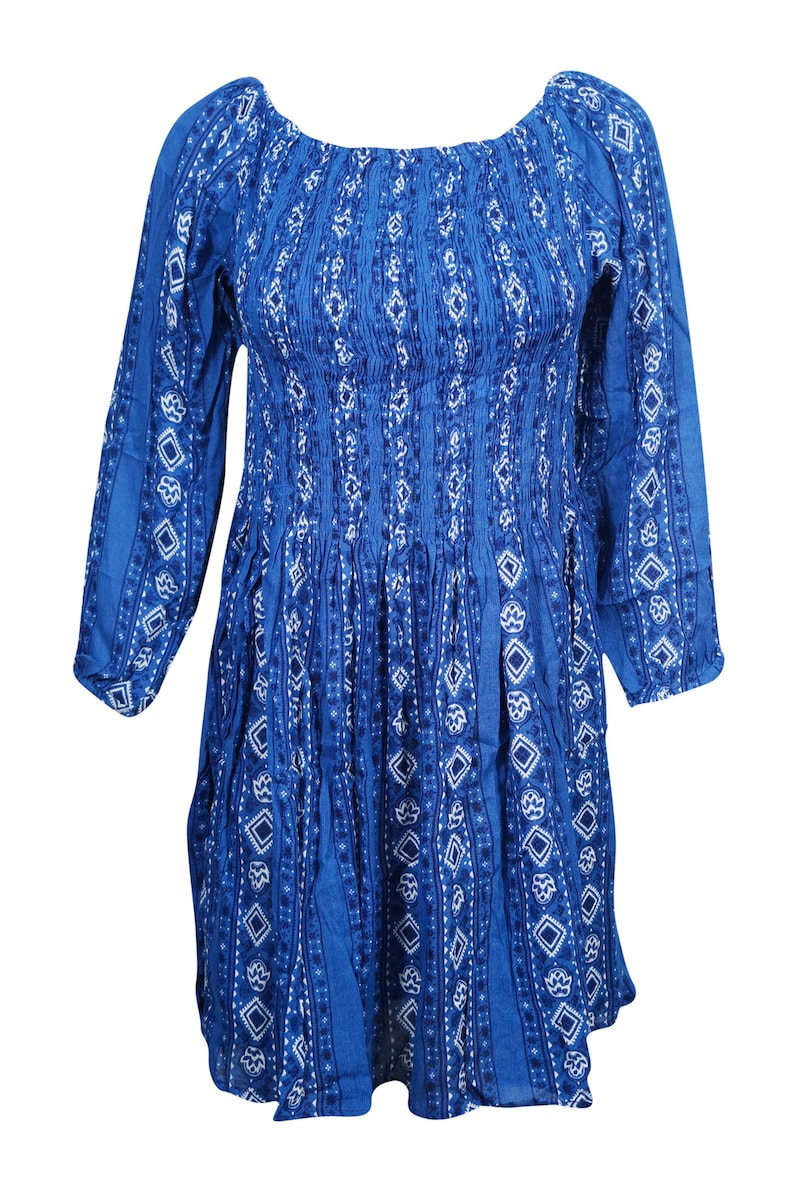 Bohemian Dresses Gypsy Chic Blue Printed Fit Flare 34 Sleeve Fitted Summer Beach Festivals SunDress ML