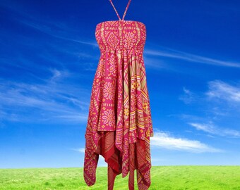 Women Sundress, Halter Dresses, Pink Floral Print, Handmade Boho Dress, Uneven Hem Recycled Silk Sari Boho Beach Summer Dress S/M