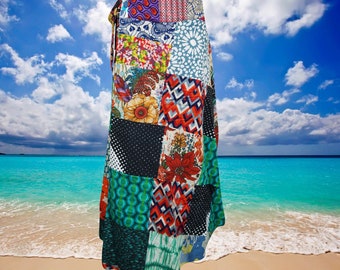 Womens Wrap Skirt, Patchwork Wrap Around Long Cotton Skirt, Green Red Magic Skirts One size