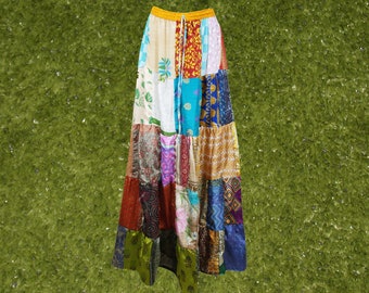 Womens Handmade Maxi Skirts, Boho Patchwork Island Long Skirt, Recycle Recycle Silk Colorful Long Skirts S/M/L