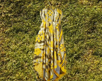 Womens Summer Boho Dresses, Yellow Daisies Beach Skirt Dress, Hi low Dresses, Printed Recycled Silk Daydress, S/M