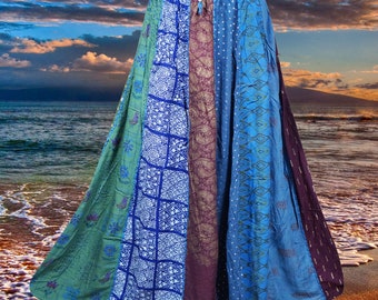 Dori Patchwork Long Skirt, Vertical Patchwork in Blue & Gold, Elastic Waist Skirts , Handmade, Hippe, Midi Skirts S/M/L