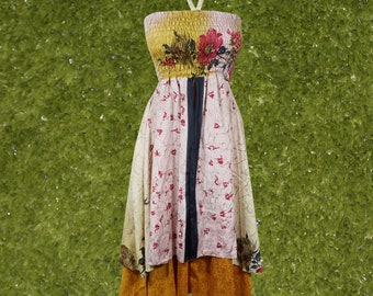 Womens Silk Sari Halter Dress, Handmade Summer Dresses, Pink Yellow Two Layer Gypsy Hippie Chic Printed Summer Sundress S/M