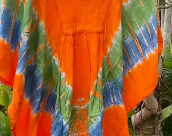 Boho Beach Tunic Caftan orange Tie Dye Summer Oversized Top Loose Comfy Beach Kaftan  M-2XL