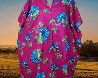 Women's Travel Caftan Short Dress, Cotton Floral Pink Floral Print Beach , Caftan Dress  Resort wear, Handmade, Fall Boho Travel Kimono S/M