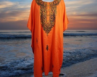 Womens Kaftan, Midi Dresses, Flawless Orange, Loose Caftan Dresses, Floral Embroidered Kaftan Dress, One size L-4XL