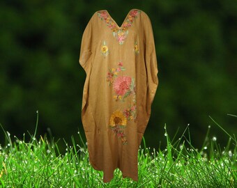 Womens Kaftan Maxidress, Tortilla Brown Travel Maxi Dresses, Embroidered Caftan Dresses, Loose Flowy Dressy Caftan Dress One Size L-2XL