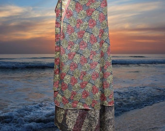 Womens Wrap Long Skirt, gift, Beach Cover Up, Gray Printed Two Layer Silk Sari Skirts, Magic Wrap Around Skirts One size