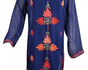 Indian Ethnic Tunic Dress Soft Sexy Sheer Georgette Blue Floral Hand Embroidered Bikini Cover Resort Vacay Yoga Summer Dresses S