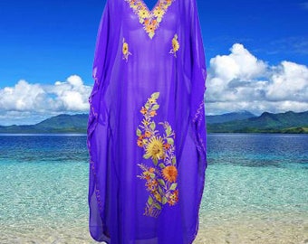 Womens Beach Kaftan Maxi Dress, Bohemian Neon BLUE Caftan, Embroidered GEORGETTE Summer Beach Dresses, Long Caftan L-4XL, One Size