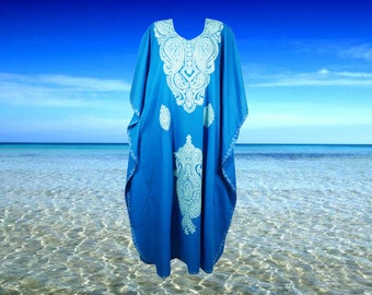 Womens Kaftan Maxi Dress, Embroidered Blue Housedress, Beach Cover Up, Lounger, Resort Wear OverSize Kaftan Dresses, One Size L-2XL