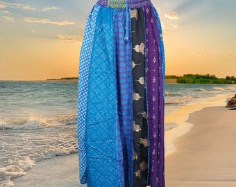 Womens Maxi Skirt, Blue Summer Skirt, Gujarati Patchwork Handmade Vintage Boho Chic Long Skirts S/M/L