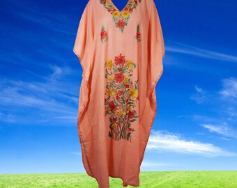 Womens Embroidered Kaftan, Beach Kimono Dress, Peach Floral Caftan, Butterfly Maxidress, Oversized Maxi, Travel , Resort Gift, L-2XL