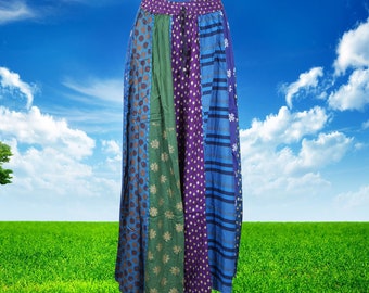 Vintage PATCHWORK Maxi Skirt, Blue Green 70s 80s Women Hippie Boho Long Floral Rayon Drawstring Skirts S/M/L