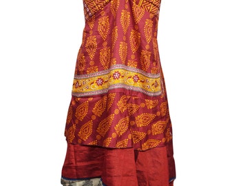 Women's Floral Dress, Red Ruffled Spaghetti Strap Bohemian Dresses, Recycled Silk Printed Summer Bohochic Sundress S/M