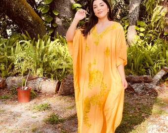 Womens Kaftan Maxi Dress, Tuscany Yellow Travel Maxi Dresses, Embroidered Caftan Dress, Loose Flowy Dressy, Resort Dress One Size L-2XL