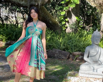Women's Floral Halter Dress, Layer Dresses, Bohemian Teal Blue Recycled Silk Printed Summer Travel Sundress S/M