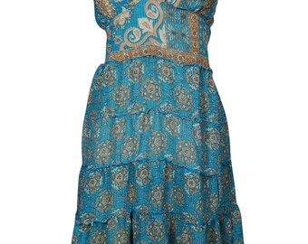 Blue Tiered Vintage Recycled Silk Sari Spaghetti Strap Resort Beach Dress Printed Boho Chic Summer Fashion Sundress S/M