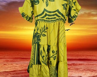 Boho Shift Dress, Summer Short Beach Dress, Lime Green Soft, Casual, Tiered Recycle Silk Shift Dresses M