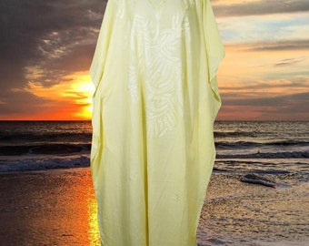 Womens Kaftan Maxi Dress, Lemon Yellow Kaftan, Cotton Long Dress, Embellished Floral Caftan, TRAVEL FASHION One size L-3XL