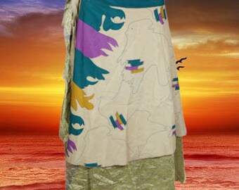 Womens Wrap Short Skirt, Beige Printed, Comfy Sari Two Layer Reversible Boho Skirts, Magic Wrap Around Skirts, Travel Skirts One size