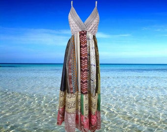 Womens Beach Maxidress, Flowy Dresses, Upcycle Silk Maxi Dress, Gray Bohemian Strapdress, Fall Fashion Handmade Dresses ML