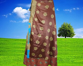 Womens Recycled Silk Wrap Skirt, Magic Wrap Skirt, Brown Floral Print Layers Wrap Skirts, Travel Fashion, gift, One size