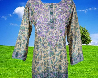 Womens Tunic Blouse, Blue Paisley Printed Tunic, Indian Tunic Kurti, Bohemian Clothing, Handamde Silk Embroidered Tunic, Gift Tunic Shirt L