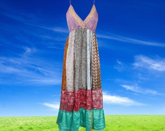 Womens Boho Hippy Beach Dress, Deep V Maxidress, Fall Maxi Dress, Purple Euphoria Recycled Silk Maxi Dress, Gift ML