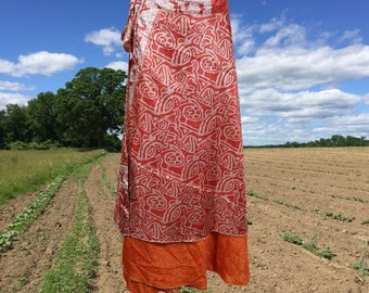 Womens Sari wrap skirt, 2 Layer Skirts, Pink Orange Printed Sari Skirt, Resort Wear, gift, Reversible Wrap Skirts One Size