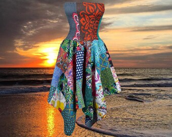 Women’s Summer Patchwork Dress, 2 IN 1 Maxi Skirt Hippie Dress Cotton Beach Tube Dresses, Boho Patchwork Sundress S/M