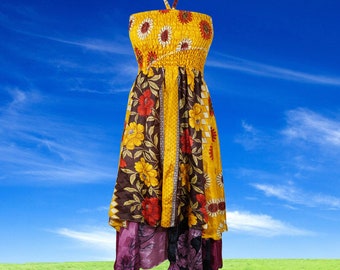 Floral Yellow Halter Sundress, Gypsy Chic Summer Comfy Printed Two Layer Bohemian Dresses S/M