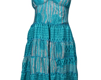 Blue Vintage Recycled Silk Sari Spaghetti Strap Resort Beach Dress Printed Boho Chic Summer Fashion Sundress S/M