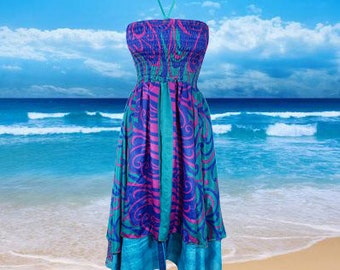 Womens Summer Dress, Blue Pink Hippie Chic Summer Vintage Recycled Silk Dresses, Two Layer Bohemian Travel Dresses S/M