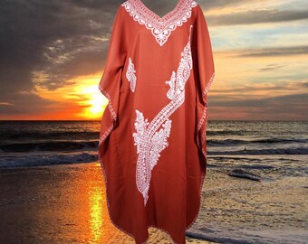 Womens Orange Bohemian Maxi kaftan dress, Long sleeve caftan, Chic embroidered caftan, High quality Egyptian cotton Kaftan Dresses One size