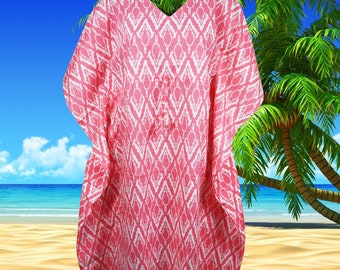 Womens Kaftan Midi Dress, Pink White ,Printed Kimono, Summer, Beach Caftan Dress, Coverup, Resort Dresses L