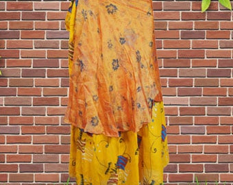 Womens Wrap Skirt, Yellow Sari Skirt, Beach Skirt, Reversible 2 Layer Maxi Skirts, Wrap Skirts One Size