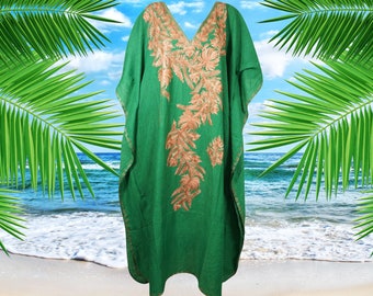 Women's Kaftan Maxi Dress, Forest Green Boho Fall Maxi Dress, Beach Holidays, Lounger, Cotton Embroidered Lounge Caftans L-2XL One Size