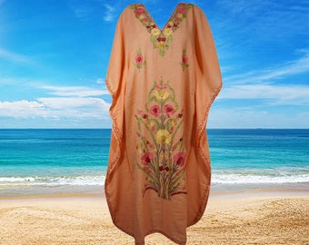 Women's Kaftan Maxi Dress, Beach Maxi Dress, Peach Boho Maxi Dresses, Cotton Embroidered Caftans, Oversized Maxi, L-2XL, One Size