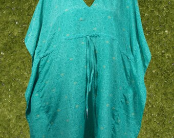 Turquoise Kaftan Summer dress, Vacation, Cruise, Pool, Lounge Wear, Floral Caftan, Party Wear, Recycle Silk Boho Kaftan, L-2X