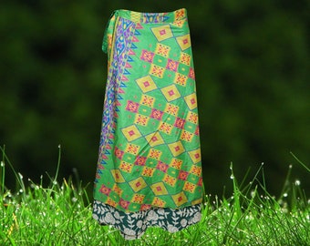 Wrap Long Skirt, Green Printed Silk sari wrap skirt, Beach Skirt, Bohemian Skirt, Sari Wrap Skirt, Wrap Skirt for Women, One size