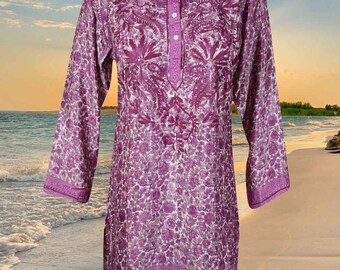 Womens Tunic Top, Handmade Purple Floral Printed Silk Tunic Dress, Hand Embroidered Top, Gift, Blouse Indian Kurta